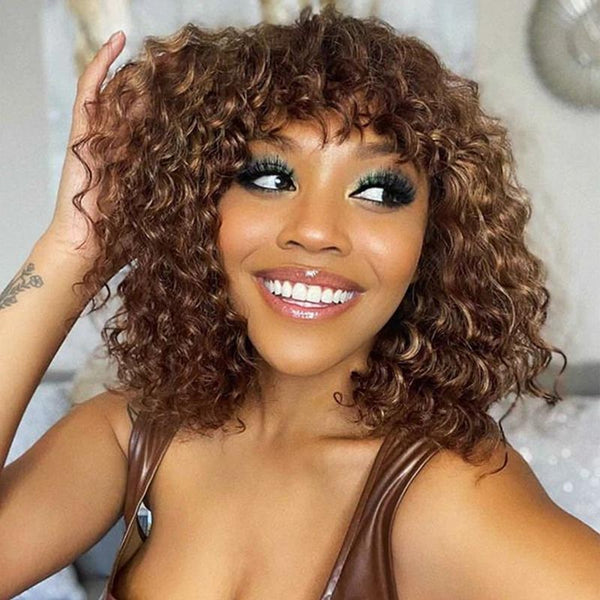 Monette | Quick Install Brown Curly Bob Wig With Bang