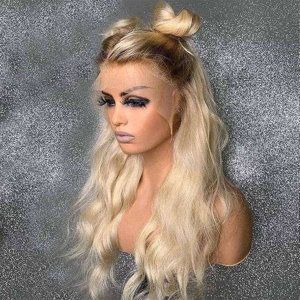 Val | Transparent Lace Dark Brown Root With Blonde Color Wavy Lace Frontal Wig